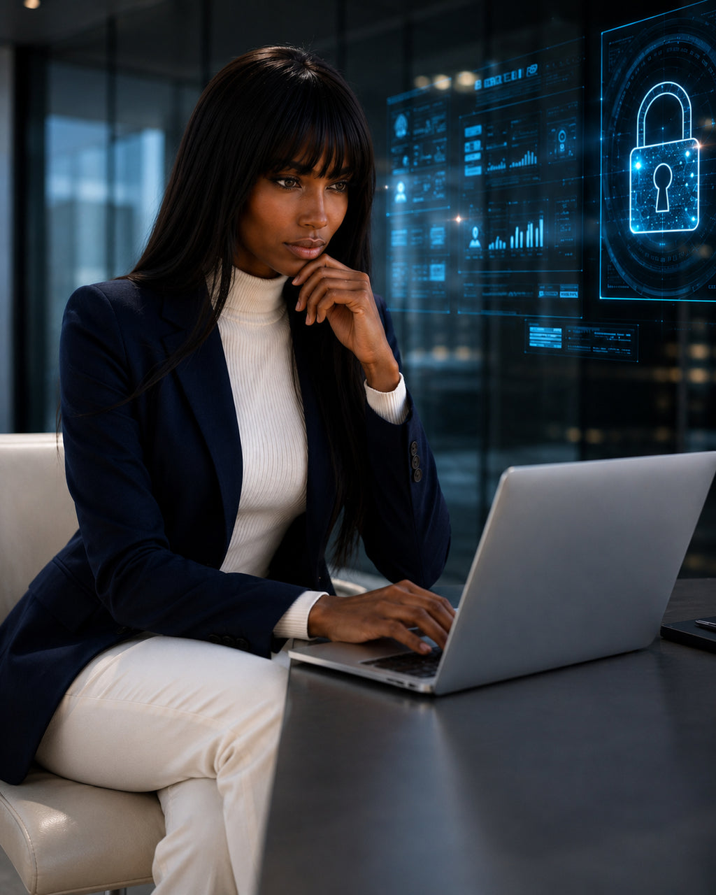 Naomi Bellini en escena corporativa de ciberseguridad con americana azul