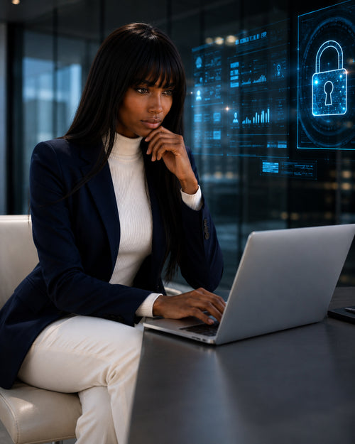 Naomi Bellini en escena corporativa de ciberseguridad con americana azul